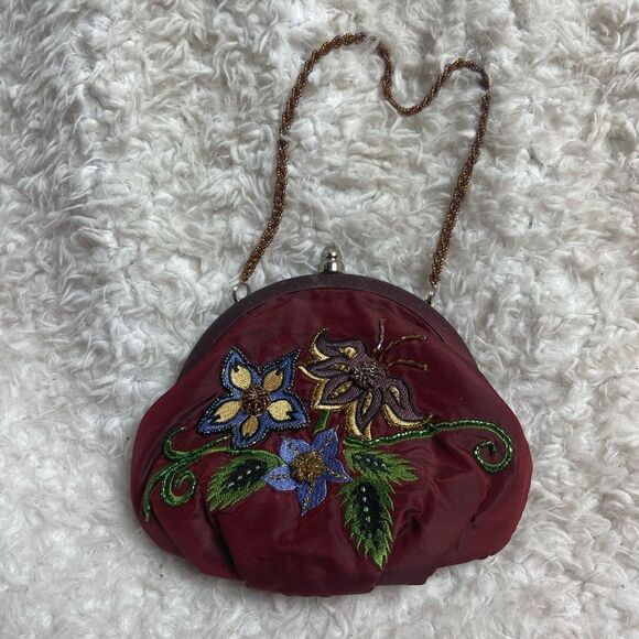 Inge Christopher vintage burgundy fabric purse with embroidery and beaded accent - Picture 1 of 10